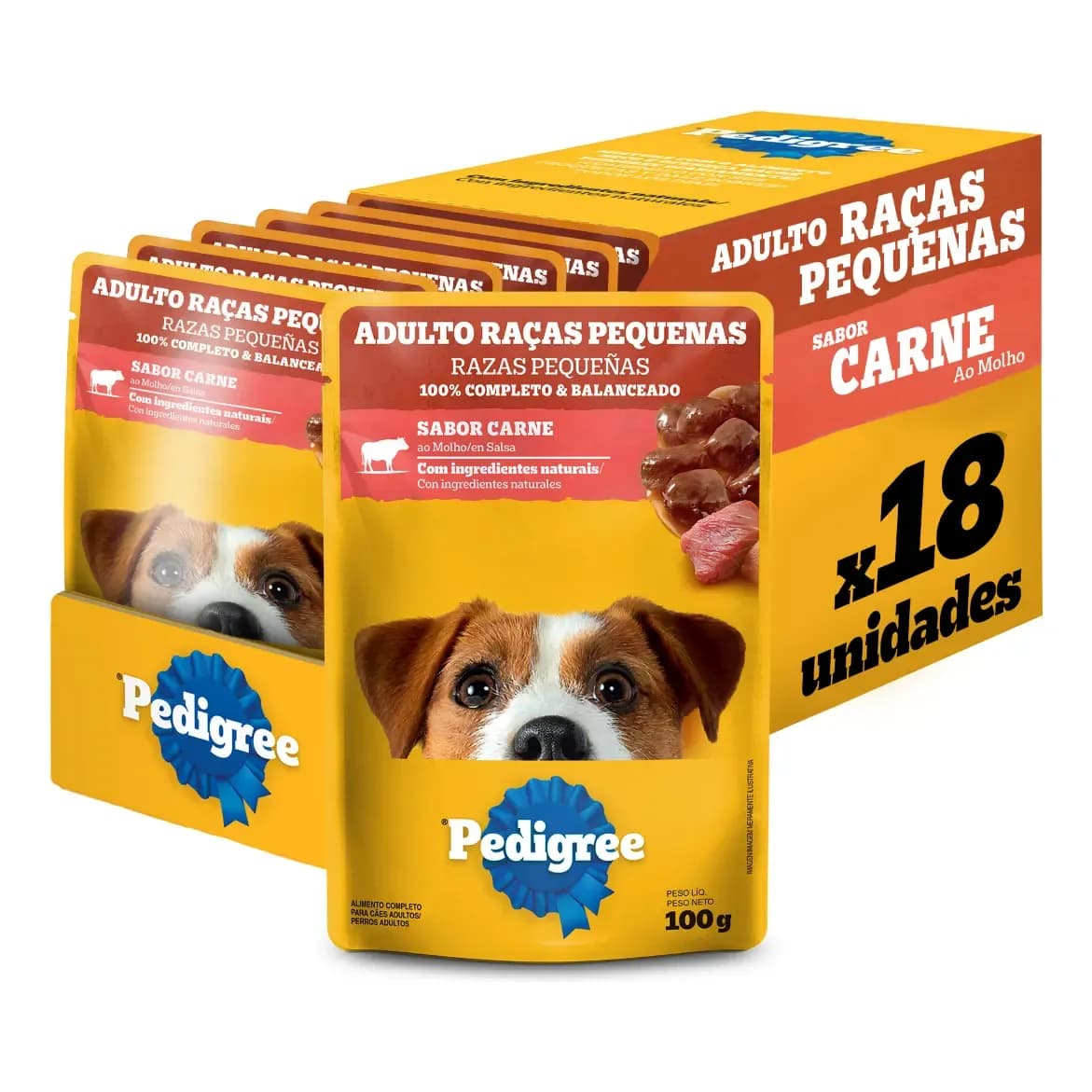 Ração Úmida Pedigree para Cães Adultos Raças Pequenas Sachês Carne 100g - Caixa com 18 unidades