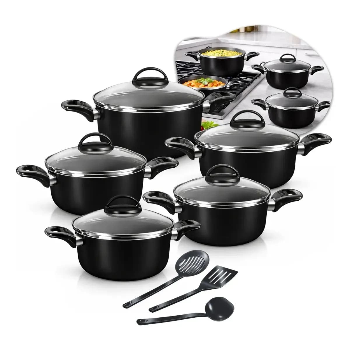 Conjunto De Panelas Caçarolas 5 Peças Antiaderente Com 3 Utensilios E Tampa De Vidro Preto