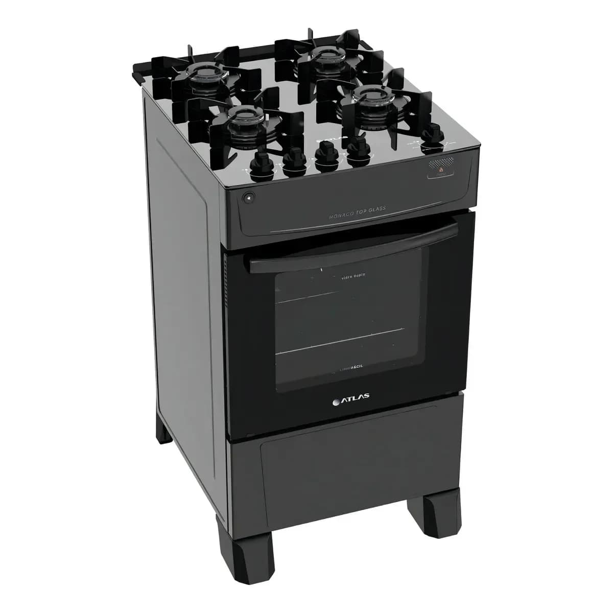Fogão 4 Bocas Atlas Mônaco Top Glass com Mesa de Vidro e Acendimento Automático Preto Bivolt