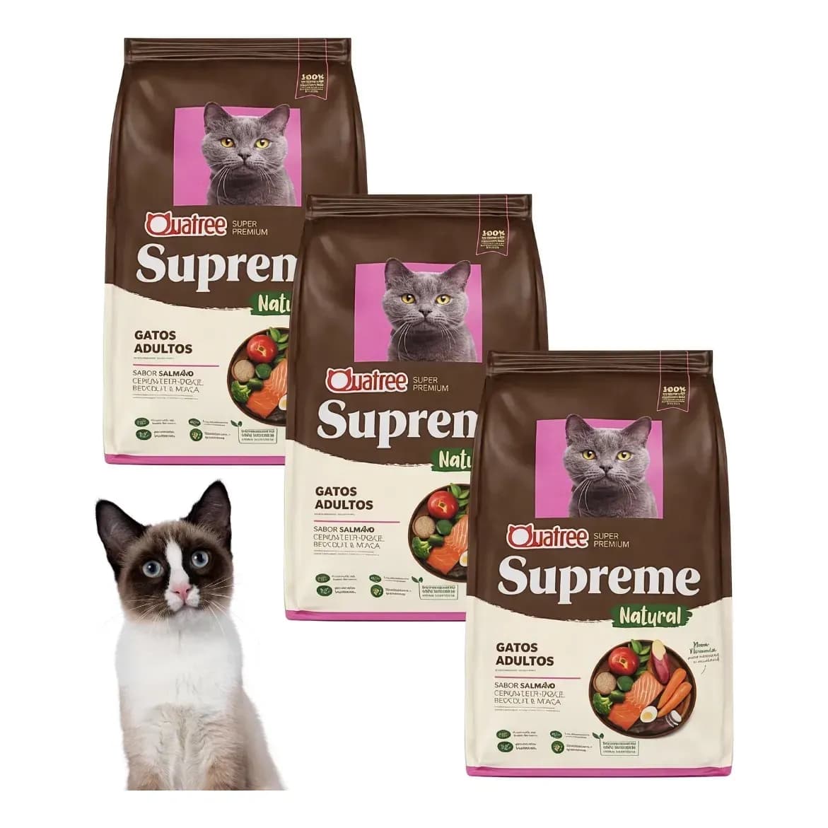 Kit Com 3 Ração Quatree Supreme Gatos Adulto Salmão 1 Kg
