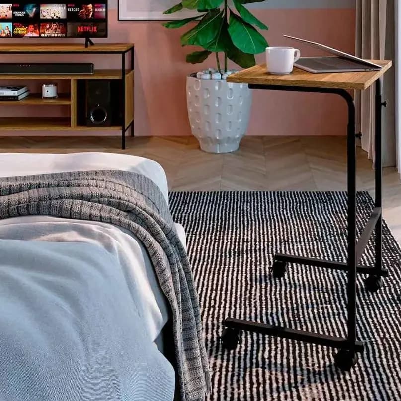 Mesa Apoio Lateral Sofa Placa&Ponto Ajustável Com Rodas de 55" x 40" Preto e Noce Oro