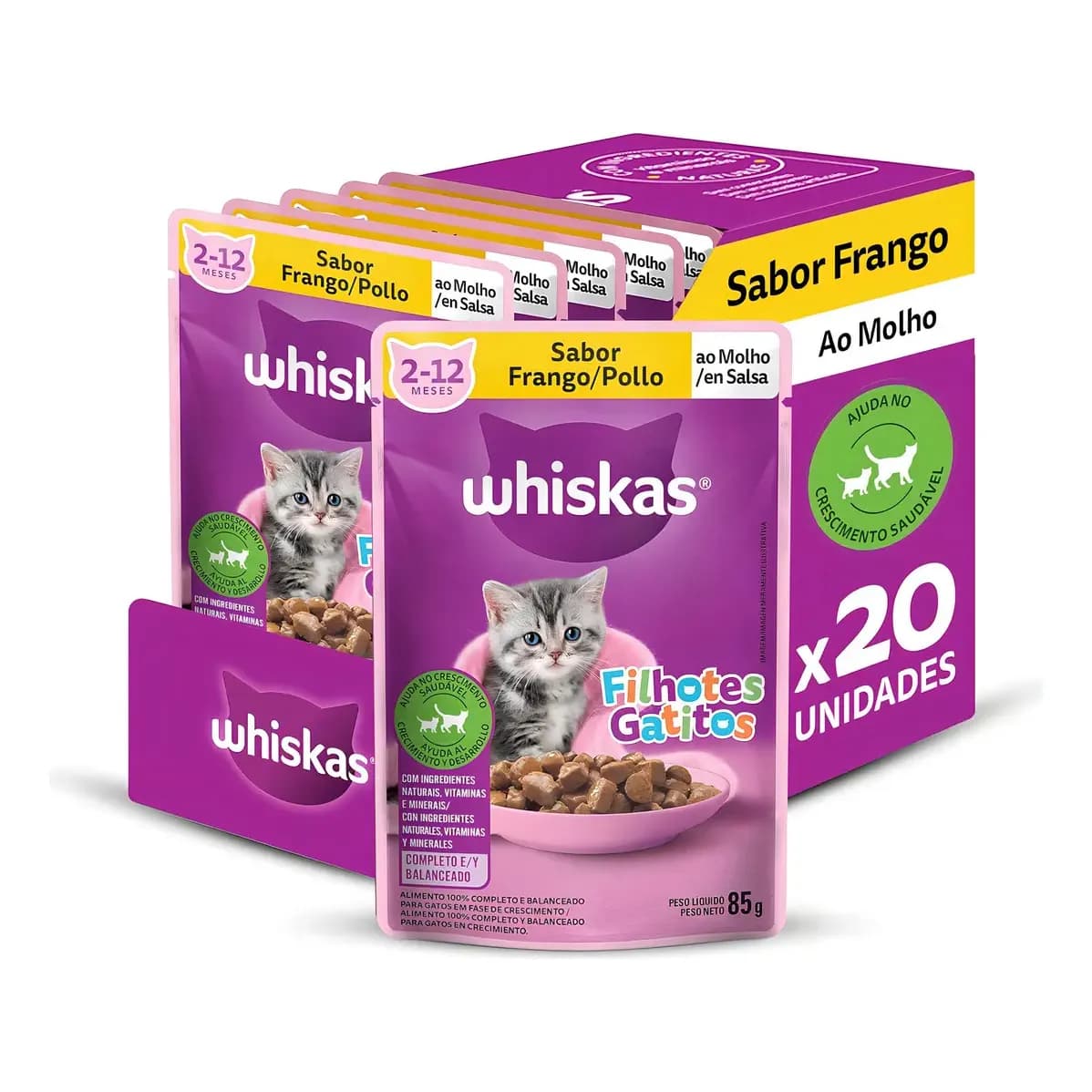Pack 20 ração umida Whiskas gatos filhotes sachês sabor frango ao molho 85g