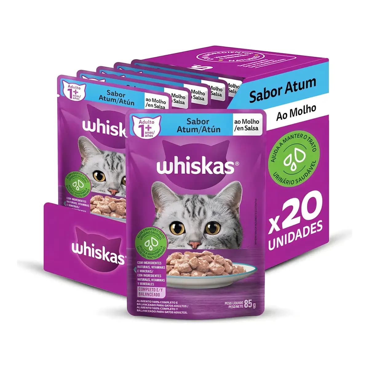Pack Ração Úmida Whiskas para Gatos Adultos Sachês Atum ao Molho 85g - Caixa com 20 unidades