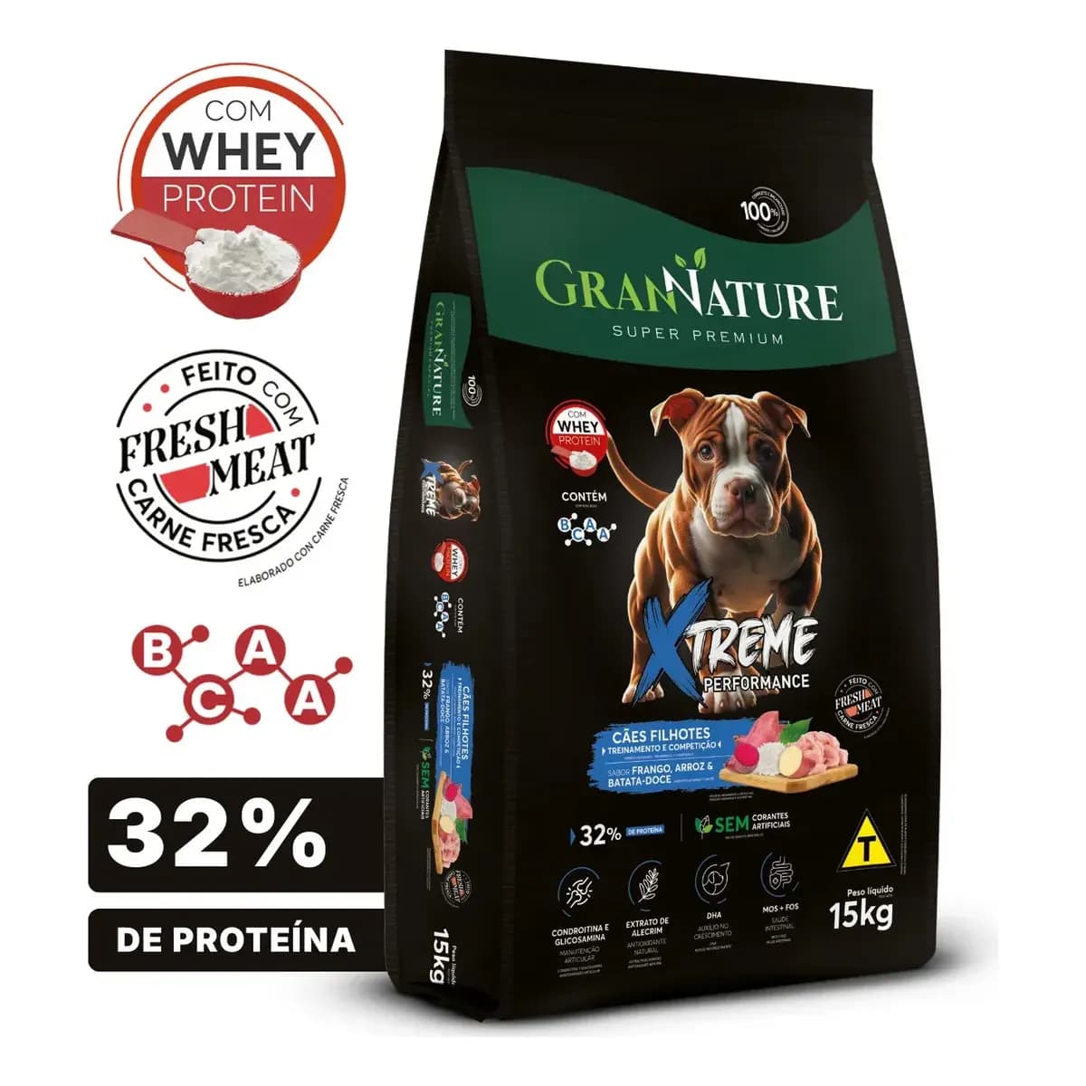 Ração Whey Protein Grannature Xtreme Alta Performance 32% Proteína para Cães Filhote raças Médio E Grande Porte Alimento Seco Sabor Frango Super Premium Com Bcaa Sem Corantes Saúde Articular 15kg