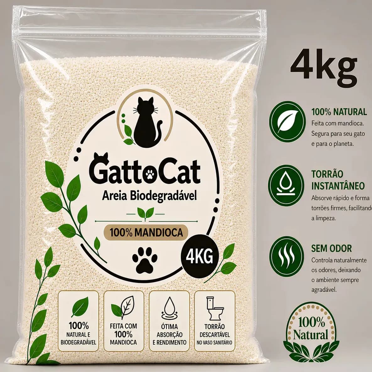 Areia Higiênica Biodegradável para Gatos 4kg 100% Mandioca Fina Torrão Instantâneo Zero odor Sanitária GattoCat