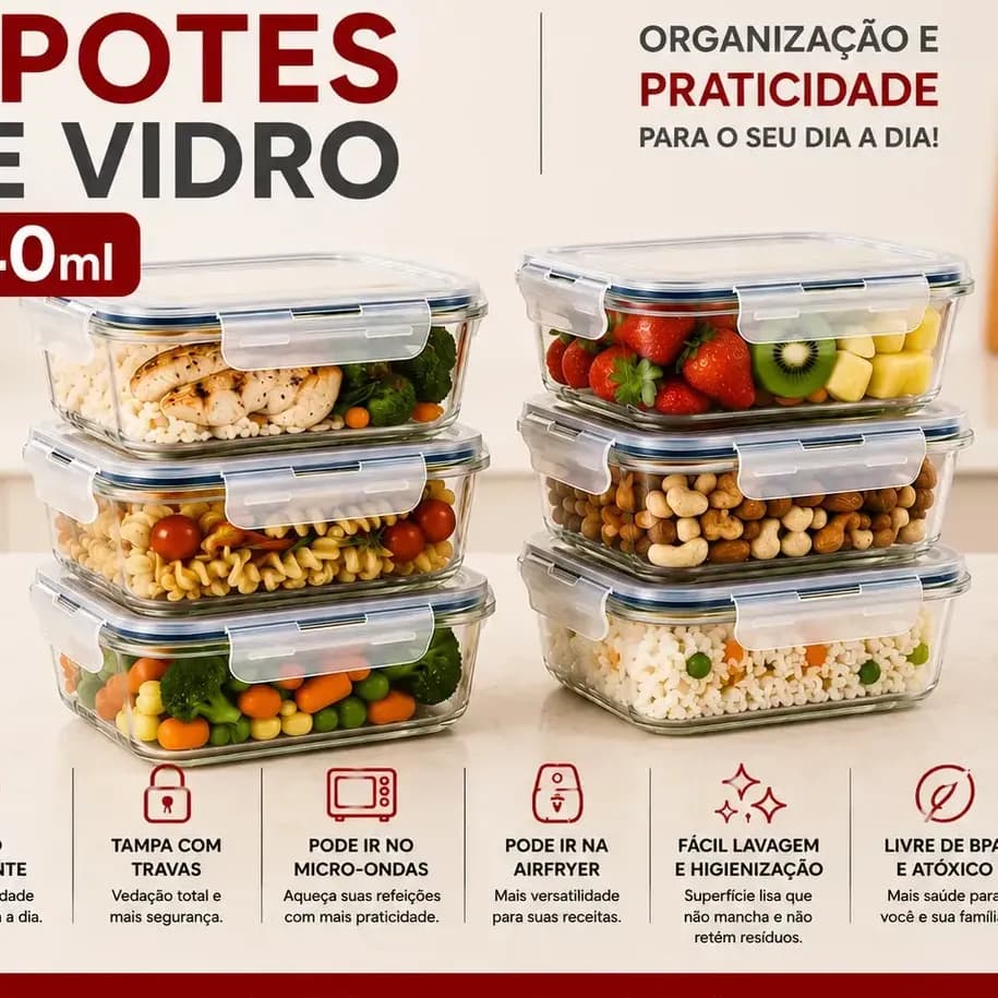 Kit 6 Potes 640ml Vidro Hermético 4 Travas Marmita Refratario Star House com 4 travas de super vedação