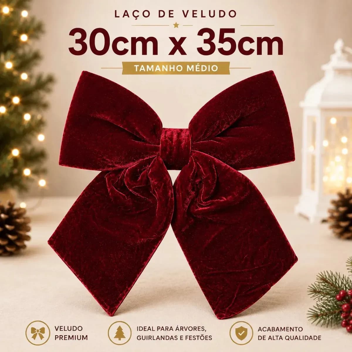 JD BAG'S Laço Natalino de Veludo Vermelho para Árvore de Natal Guirlanda Decoração 30x35cm