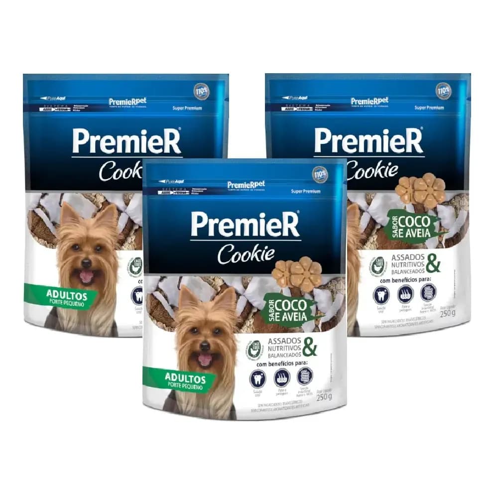 Kit 3 Un Premier Cookie Cães Adultos Pequeno Coco Aveia 250g