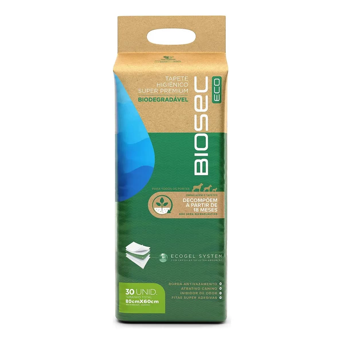 Tapete Higiênico Biodegrável Biosec Eco 80x60cm 30 Unidades Sustentável Ecológico Amigo da Natureza anti Odor para Pet cachorro cão