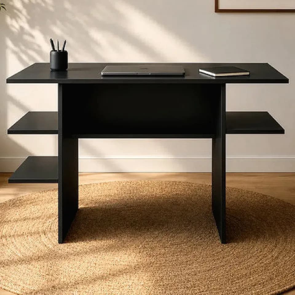 Mesa De Estudo Em Mdp Para Notebook Com Nichos E Prateleiras Preto