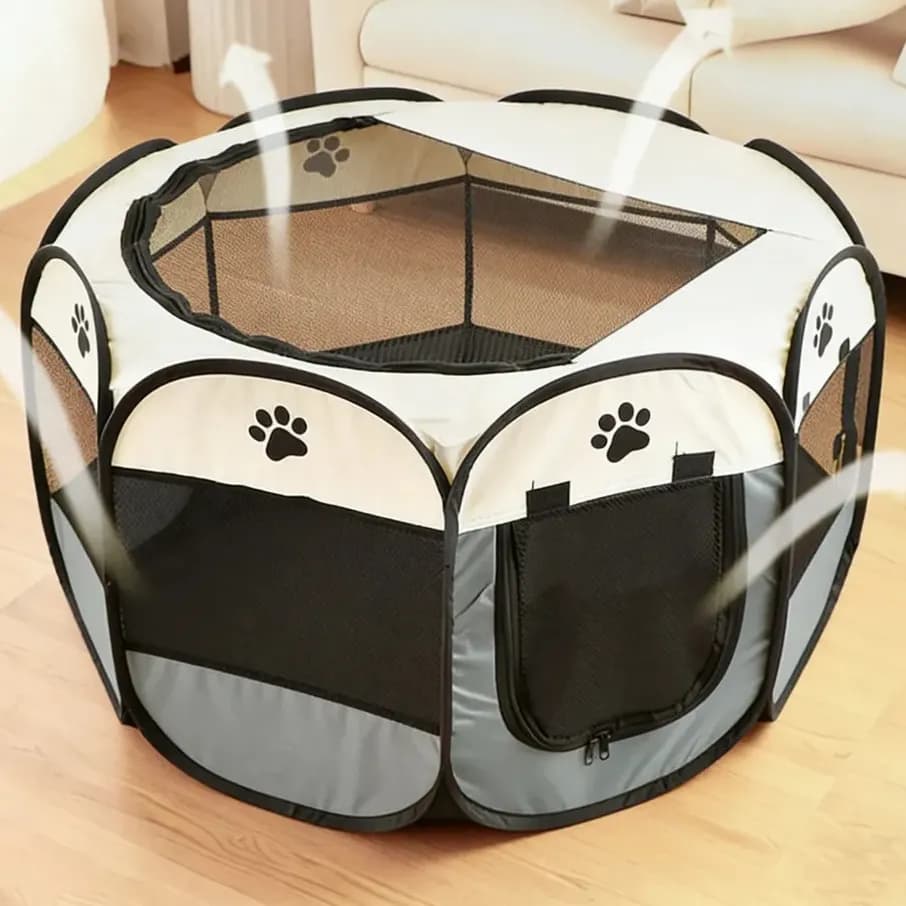 Cercadinho Portátil para Cães e Gatos Dobrável, Impermeável de Pano Oxford Cinza