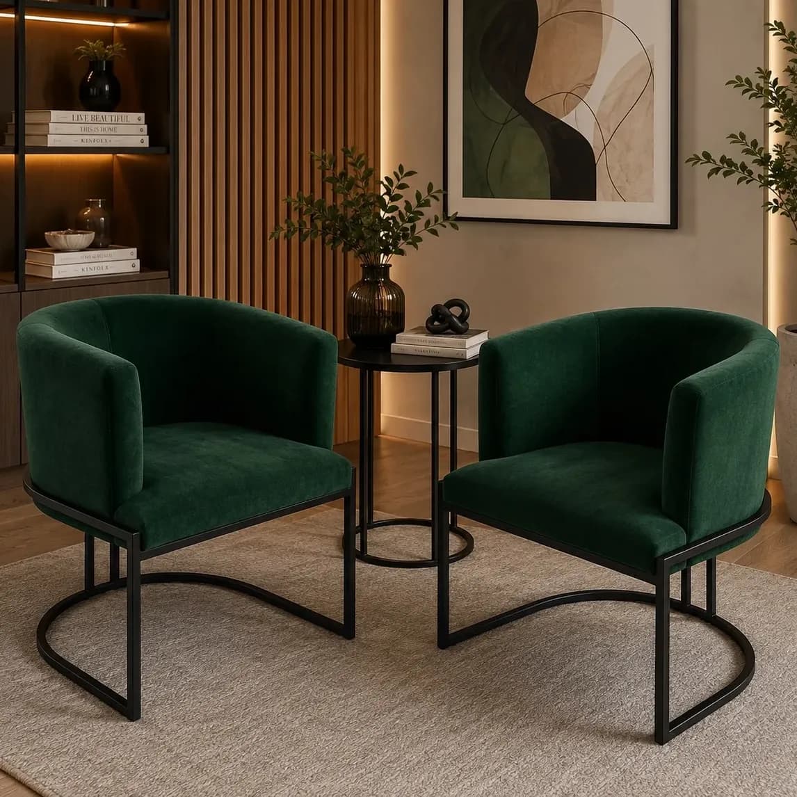 Kit 2 Poltronas Luxo Ferro Veludo Sala Luxousa Base Preto Verde-musgo Liso