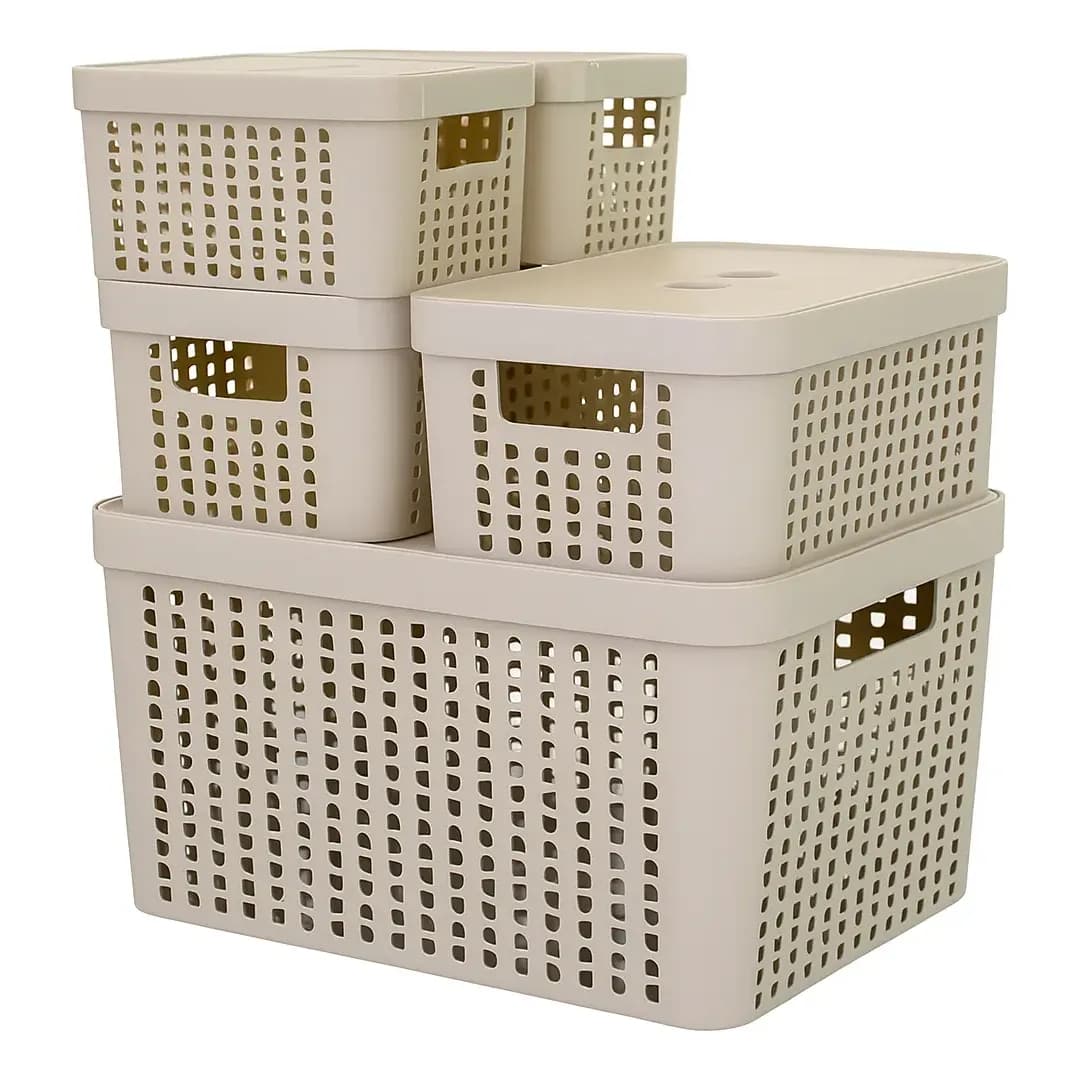 Kit 5 Caixas Organizadoras 2l 4,5l 17l Com Tampa Multiuso Cor Bege