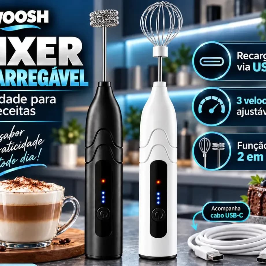 Mixer Elétrico Portátil 2 em 1 Recarregável Potente Misturador de Bebidas e Ovos 3 Velocidades Usb Batedor e Fue Fouet Woosh