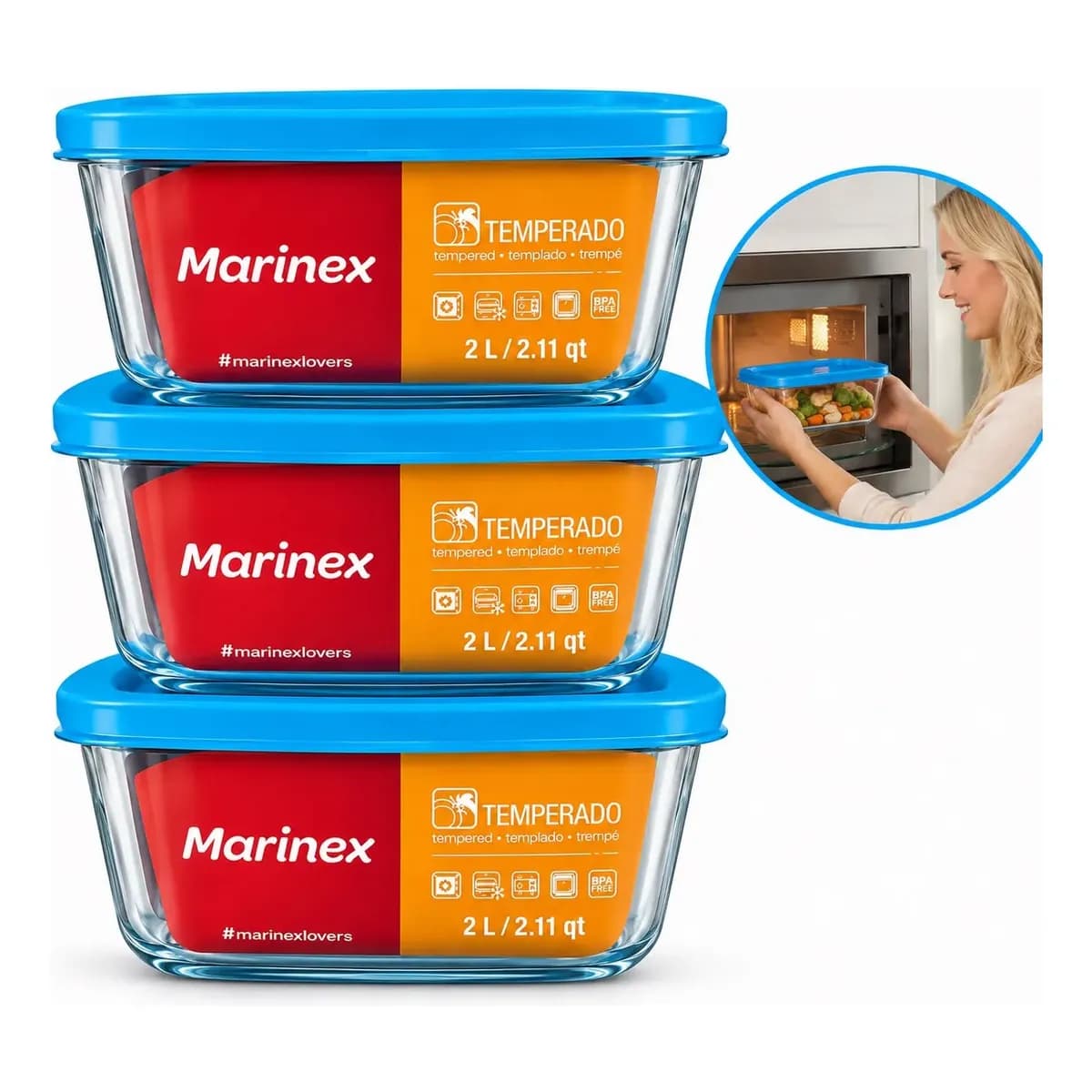 Kit 3 Potes Marinex Facilita 2l Vidro Com Tampa Azul Azul