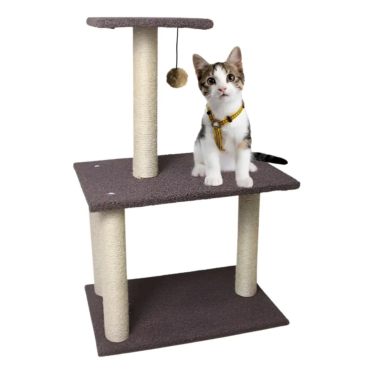 Torre Arranhador Gato Dekor Marrom Sisal E Pelúcia Com Brinquedo 3 Andares Premium Grande