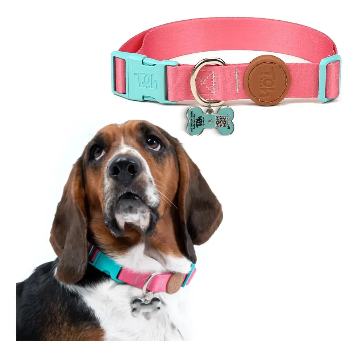 Coleira Pingente Identificação Tag Qr Code Toh Dog Cor Rosa Estampado Tamanho da coleira M