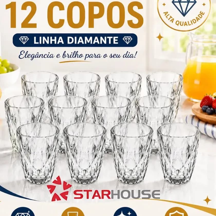 Kit 12 Copos Diamond 300ml Transparente Luxo Vidro Copo Diamante Cristal Suco Agua Vinho - Star House