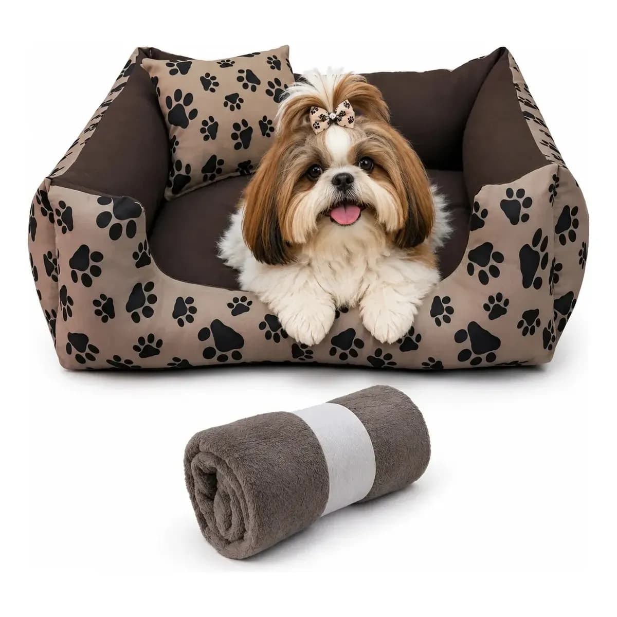 Cama pet caminha Cachorro Pequeno gato Até 5 Kg kit 3 peças cama Almofada E Manta Cor Marrom patinhas
