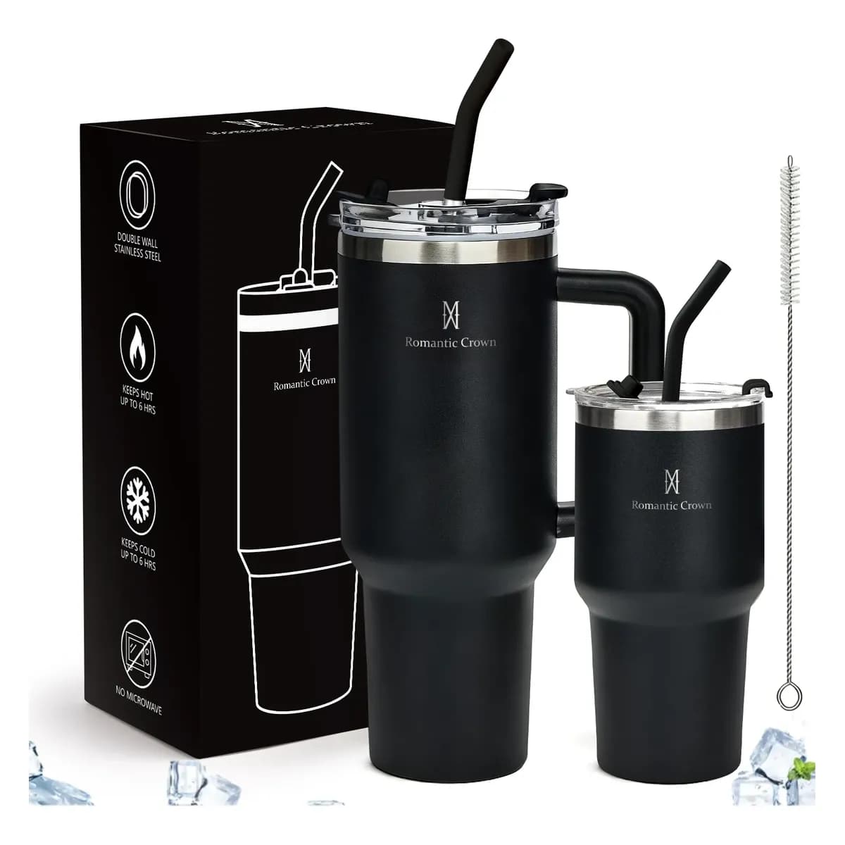 Kit Copo Térmica Inox 1200ml & 600ml Com Tampa E Canudo Preto Cor Pura