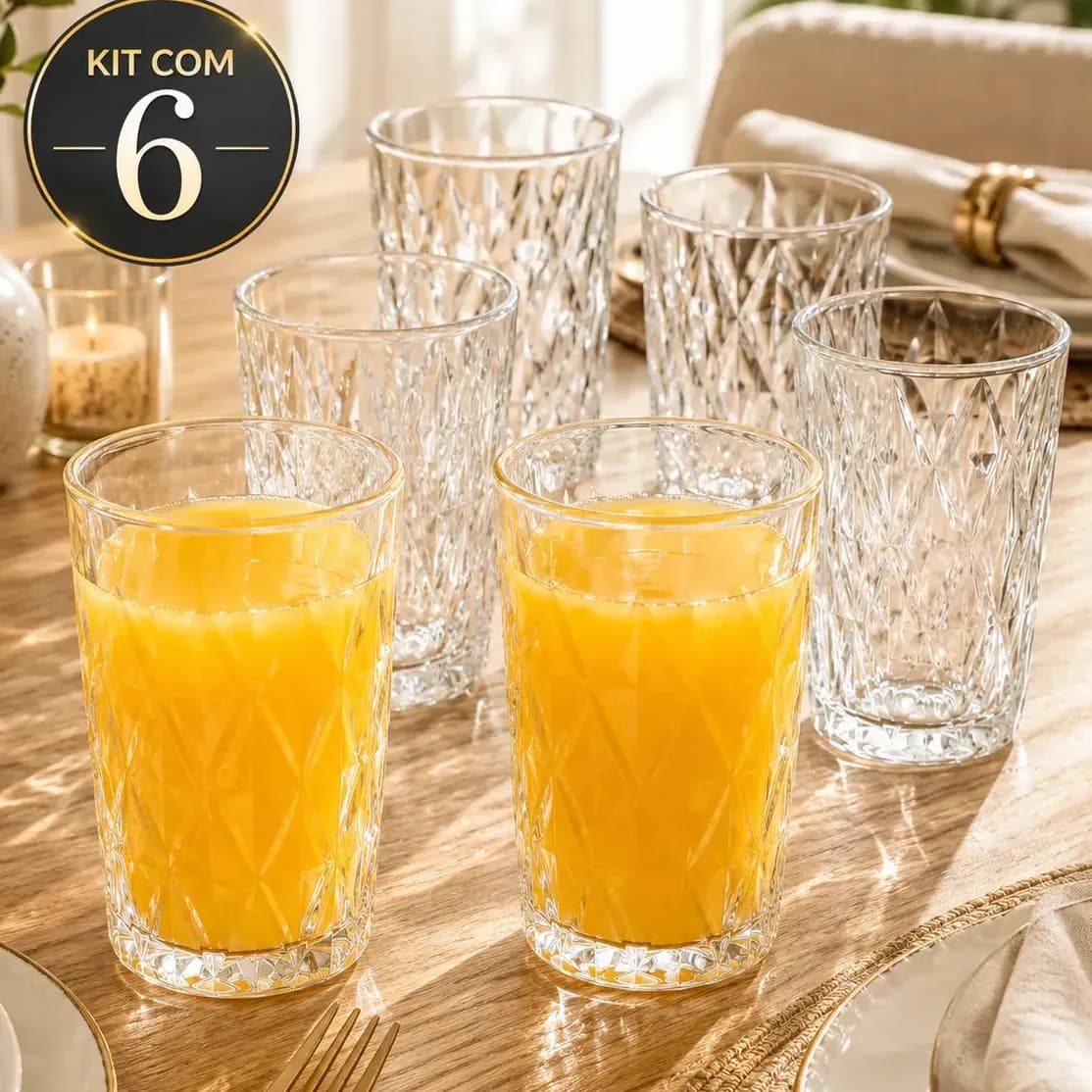 Jogo 6 Copos 400ML Grande Vidro Grosso Diamond Resistente Transparente Kit para Drink Água Suco Restaurante Diamante Sólar