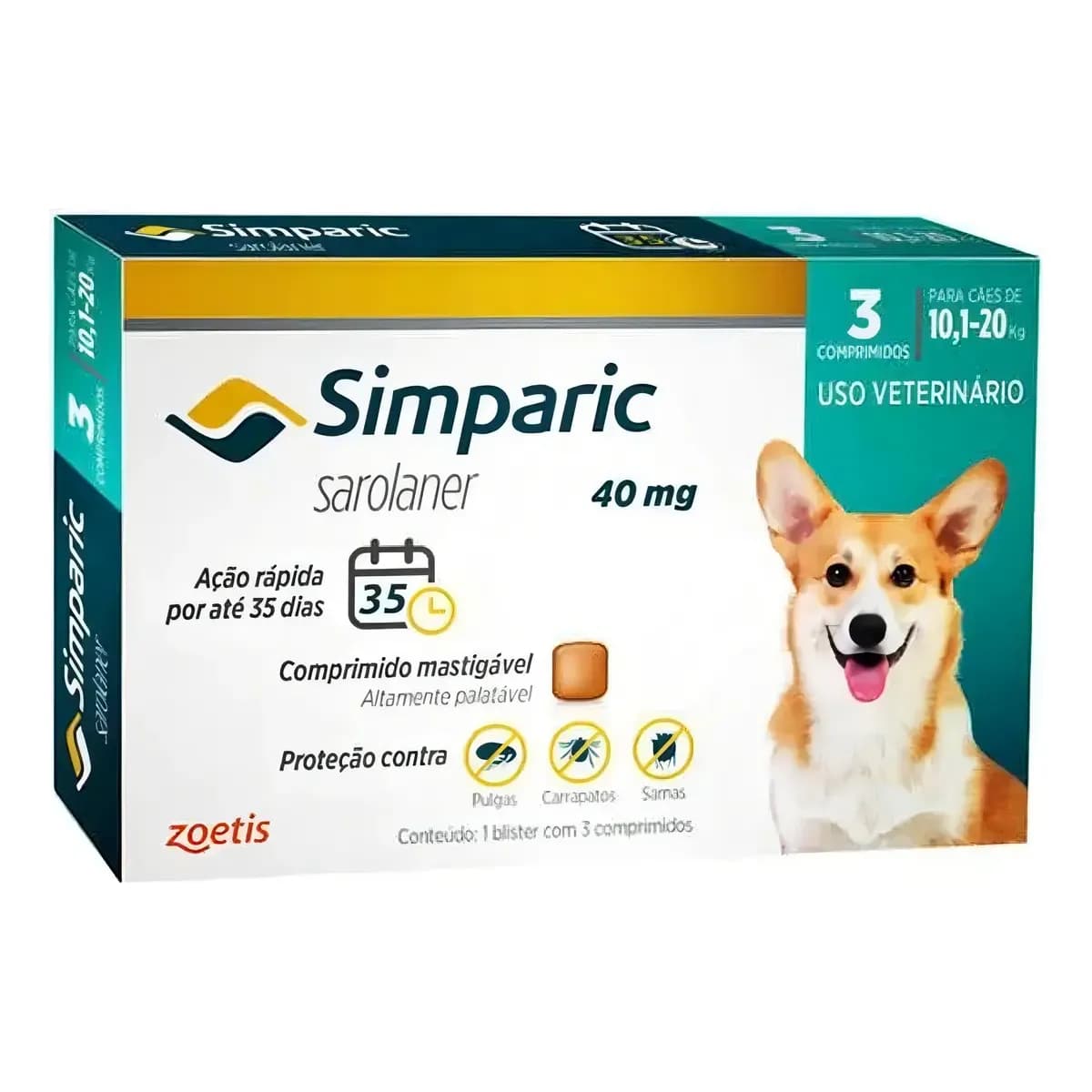 Antipulgas Zoetis Simparic 40mg Cães 10,1-20kg 3 Comprimidos