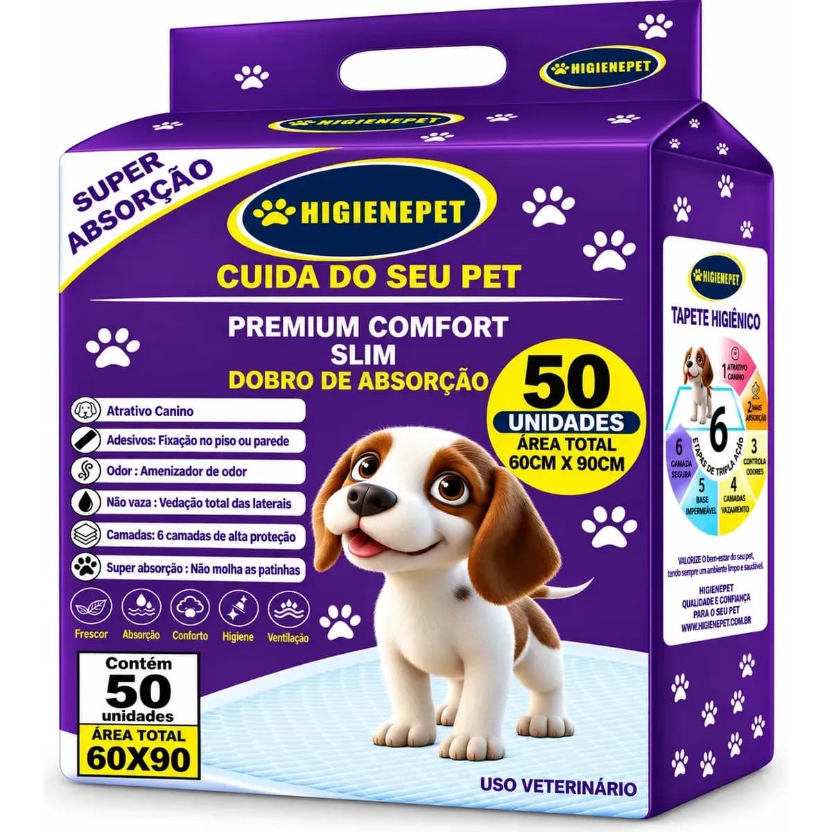 Tapete Higiênico Higienepet Comfort 60x90cm 50 Unidades Antiodor 6 Camadas