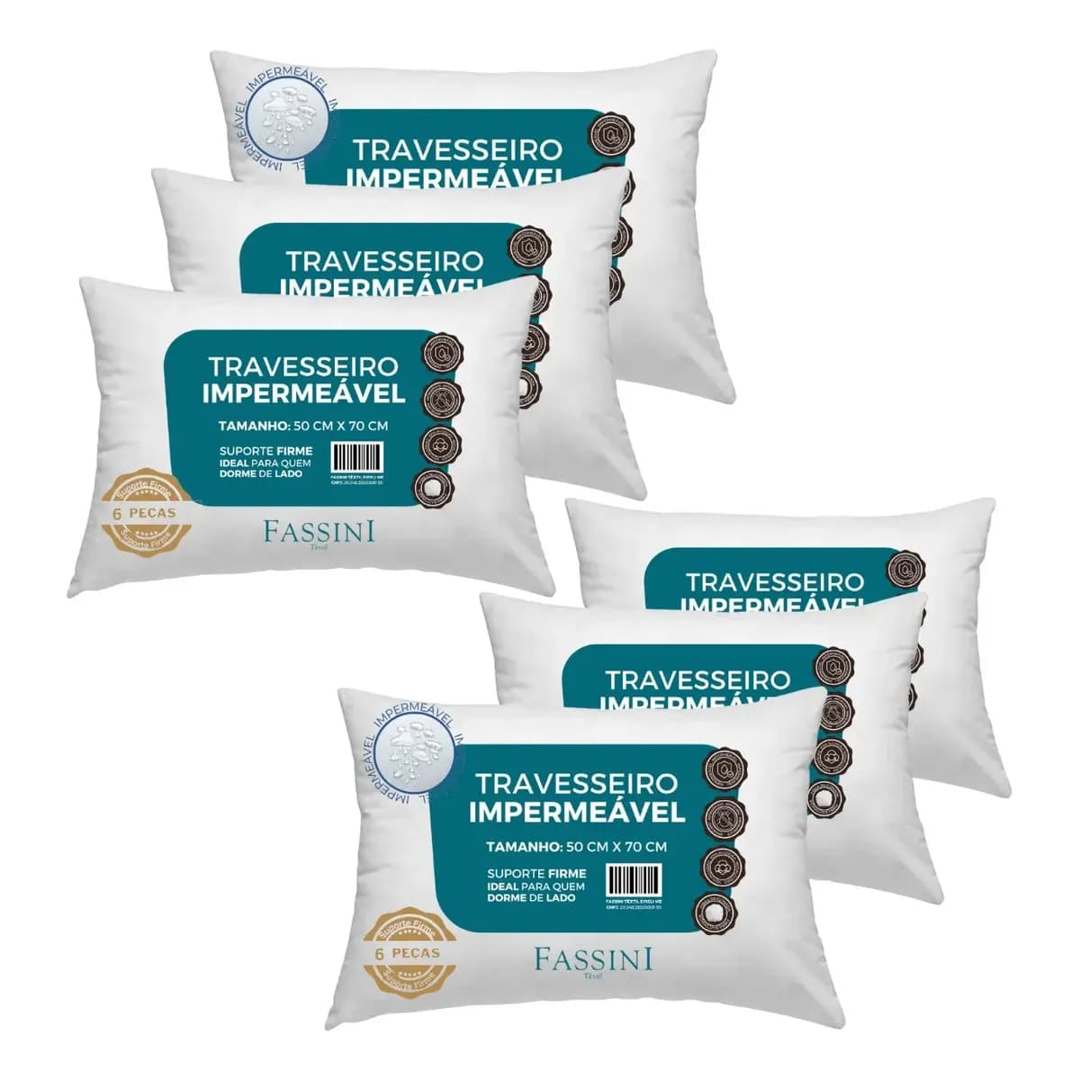 Kit 6 Travesseiros Antialérgico Impermeável 50x70 Lavável  Branco
