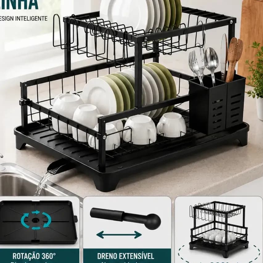 Escorredor de Louça Inox 2 Andares Preto para 16 Pratos com Bandeja e Bico Giratório 360º
