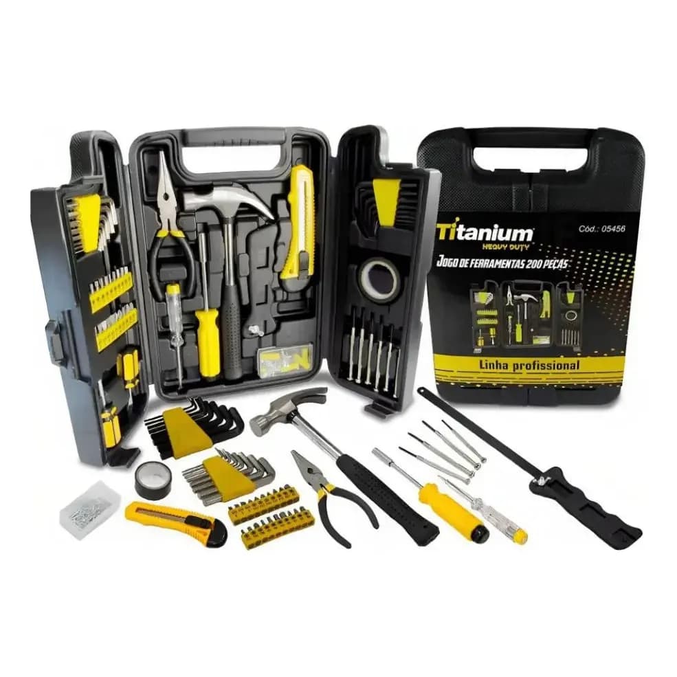 Kit Ferramentas 200 Peças c/ Maleta Titanium - Chaves, Alicates, Martelos, Serra - Aço Carbono - DIY Oficina Casa