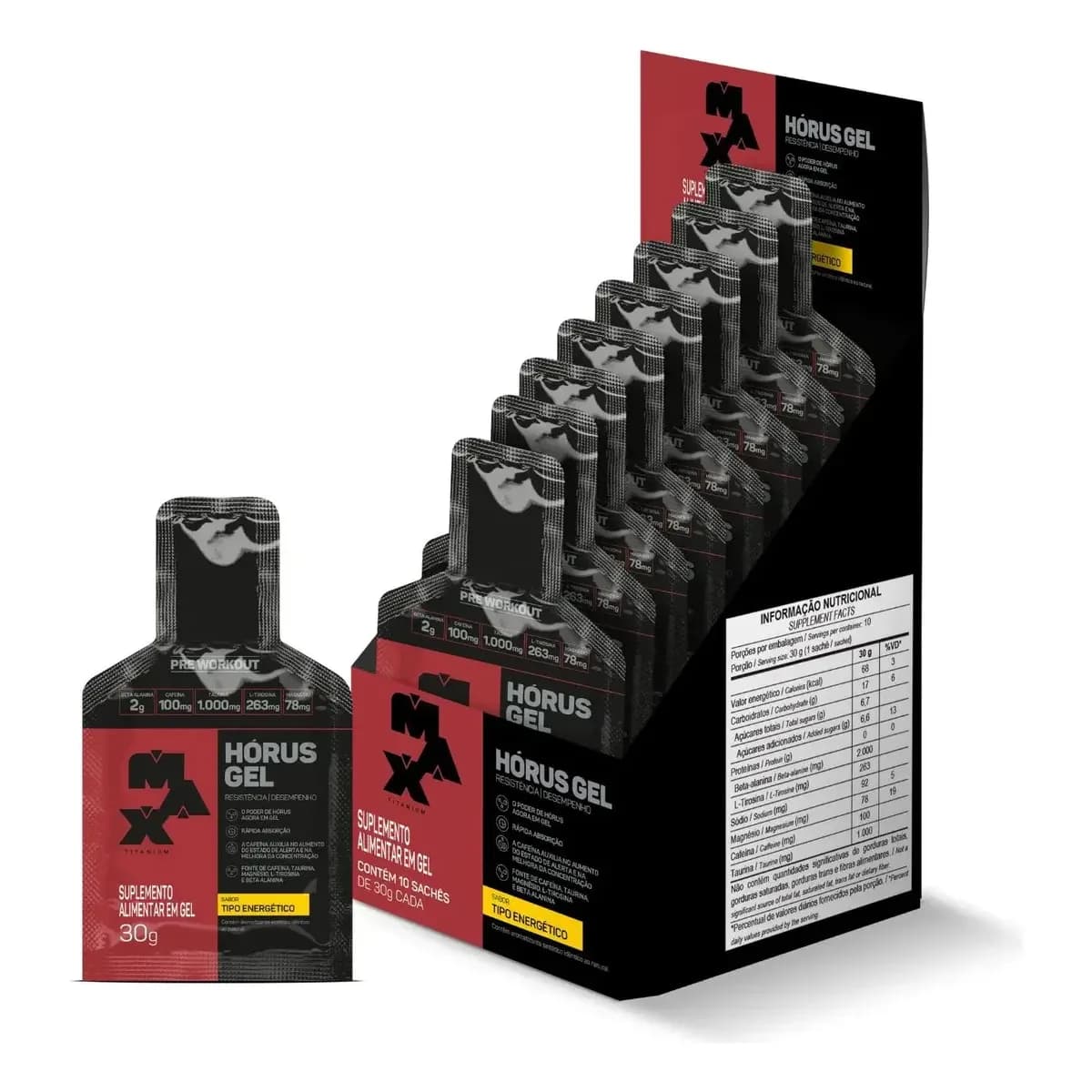 Horus Gel 10 Sachês 30g Pré Treino Workout 300g Max Titanium Sabor Energético