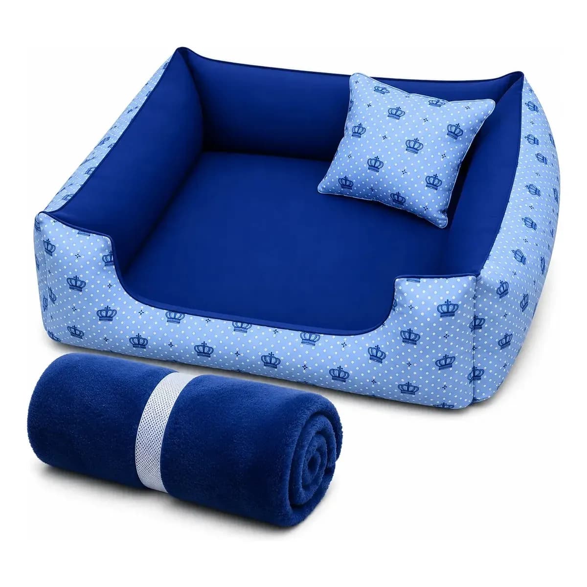 Cama pet Cachorros Médios Caminha de gato Com Zíper resistente super macia e confortável kit cama manta e almofada Cor Azul De Coroa