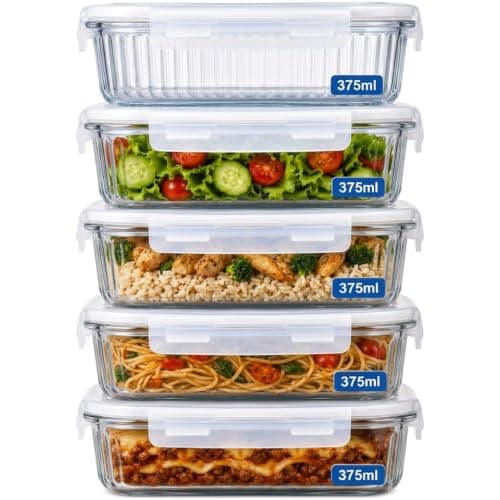 Kit 5 Potes de Vidro Herméticos 375ml – Tampa com Trava, Vedação Airtight, Ideal para Marmitas, Porta Mantimentos, Alimentos e Organização, Acabamento Premium
