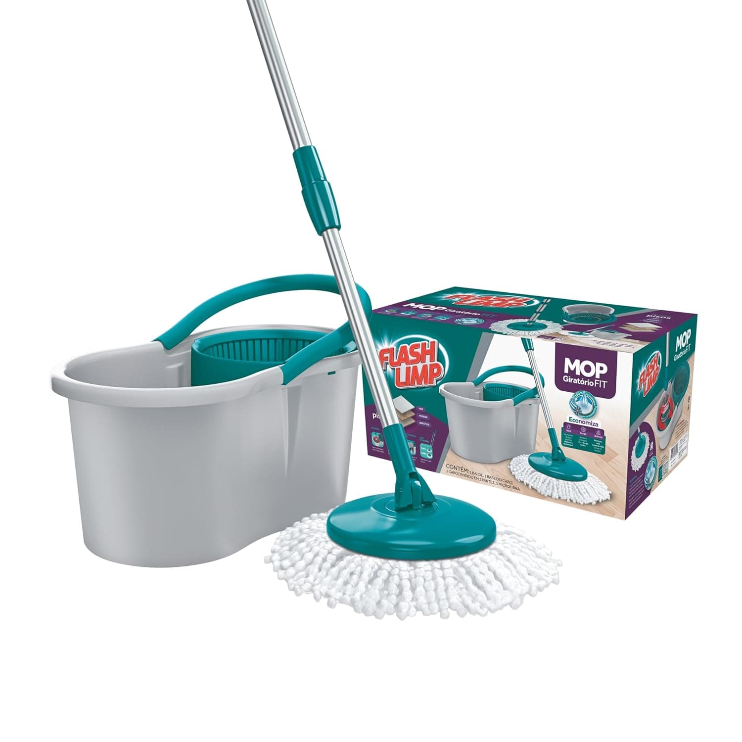Mop FIT Giratório com 2 refis microfibra, balde com 8 litros, MOP5010, Flash Limp - Verde