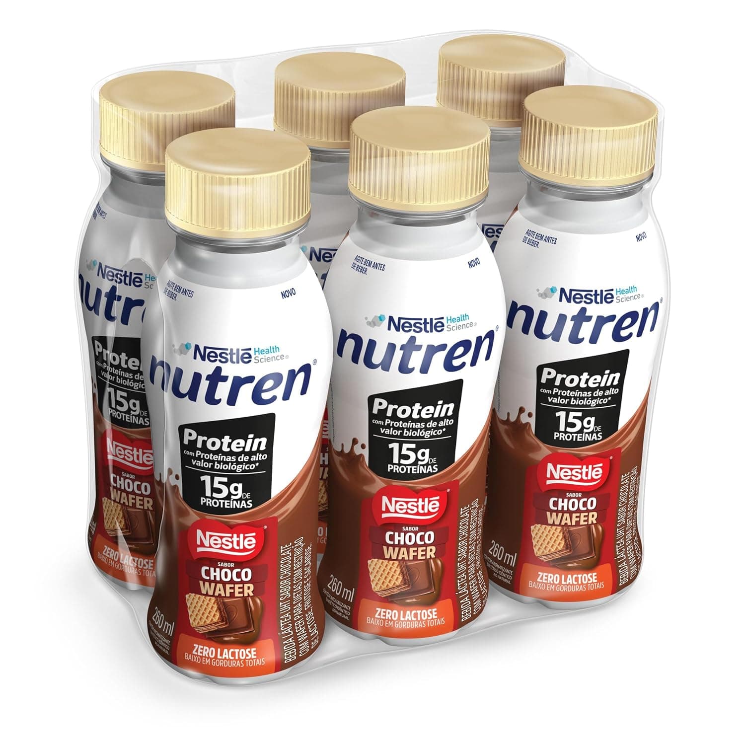 Bebida Láctea Nutren Protein 15g de proteínas Chocowafer 260ml - Pack com 6 unidades
