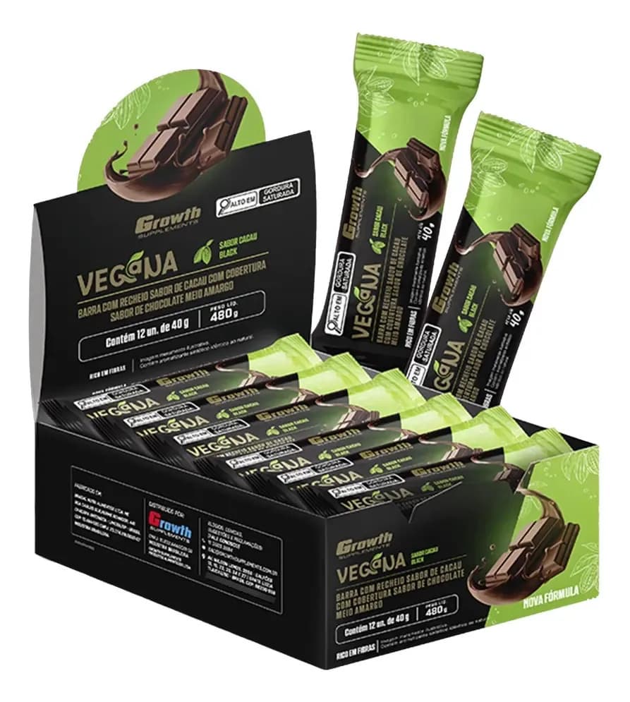 Barra De Proteína Vegana Caixa C 12 Unid. Growth Supplements Cacau Black