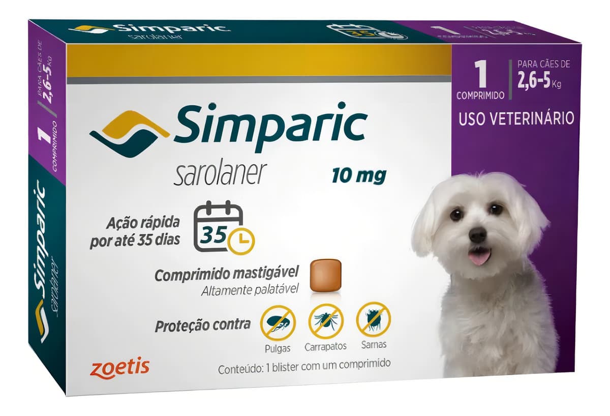 Simparic 1 Comp 10mg Pílula Antiparasitária Contra Pulgas Amarelo