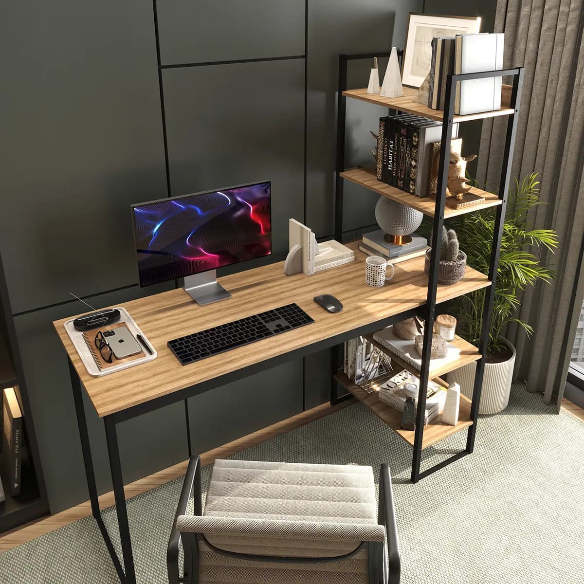 Mesa Escrivaninha Industrial Laminado Com Preto 5 Prateleiras Design Moderno Modelo Para Home Office Mod: Athenas Shoop