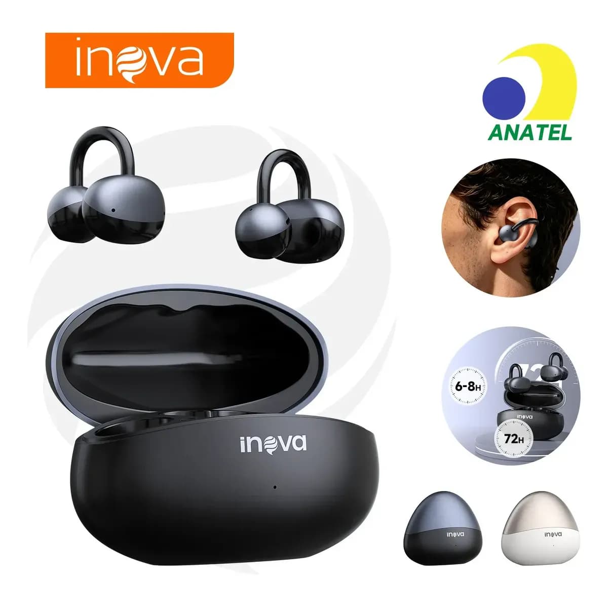 Fone de Ouvido Inova FON-13025E Tipo Clip Orelha Preto, Bluetooth, IPX6, para Esporte