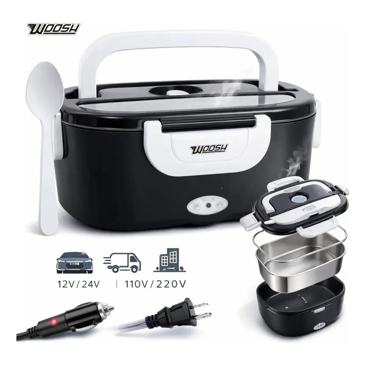 Marmita Elétrica Preta Bivolt Portátil Doméstica 110/220v Veicular 12/24v Lancheira 1.5l Com Divisórias Esquenta Rápido Refeições Práticas Trabalho Casa Carro Caminhão Viagem Faculdade Woosh