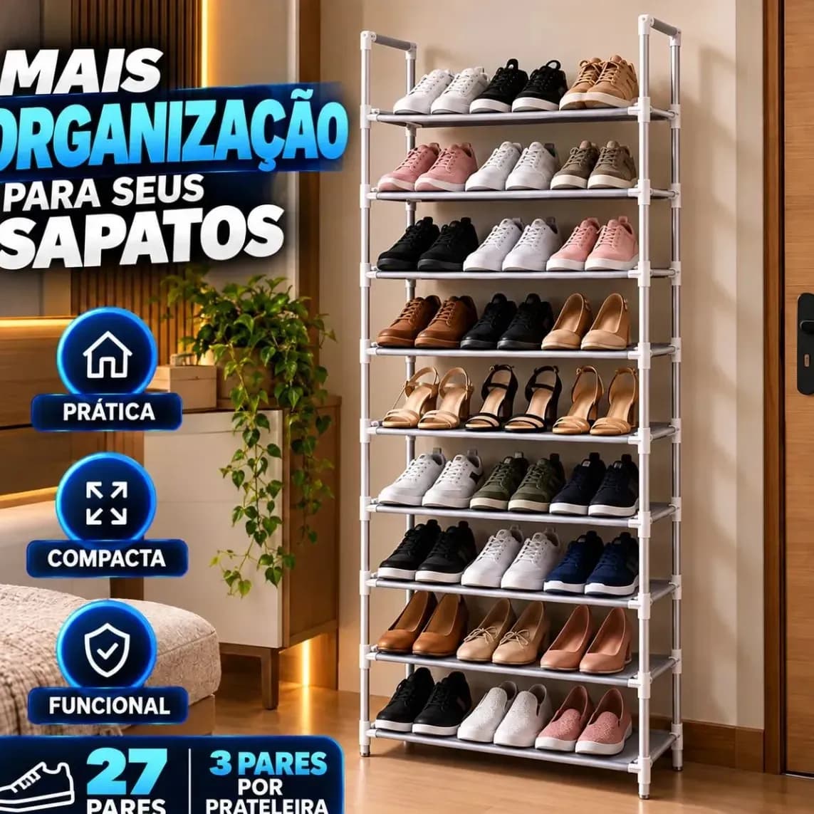 Sapateira Organizador de Sapatos 9 Andares Vertical Desmontável Compacta com Prateleiras para Quarto Closet Entrada e Lavanderia