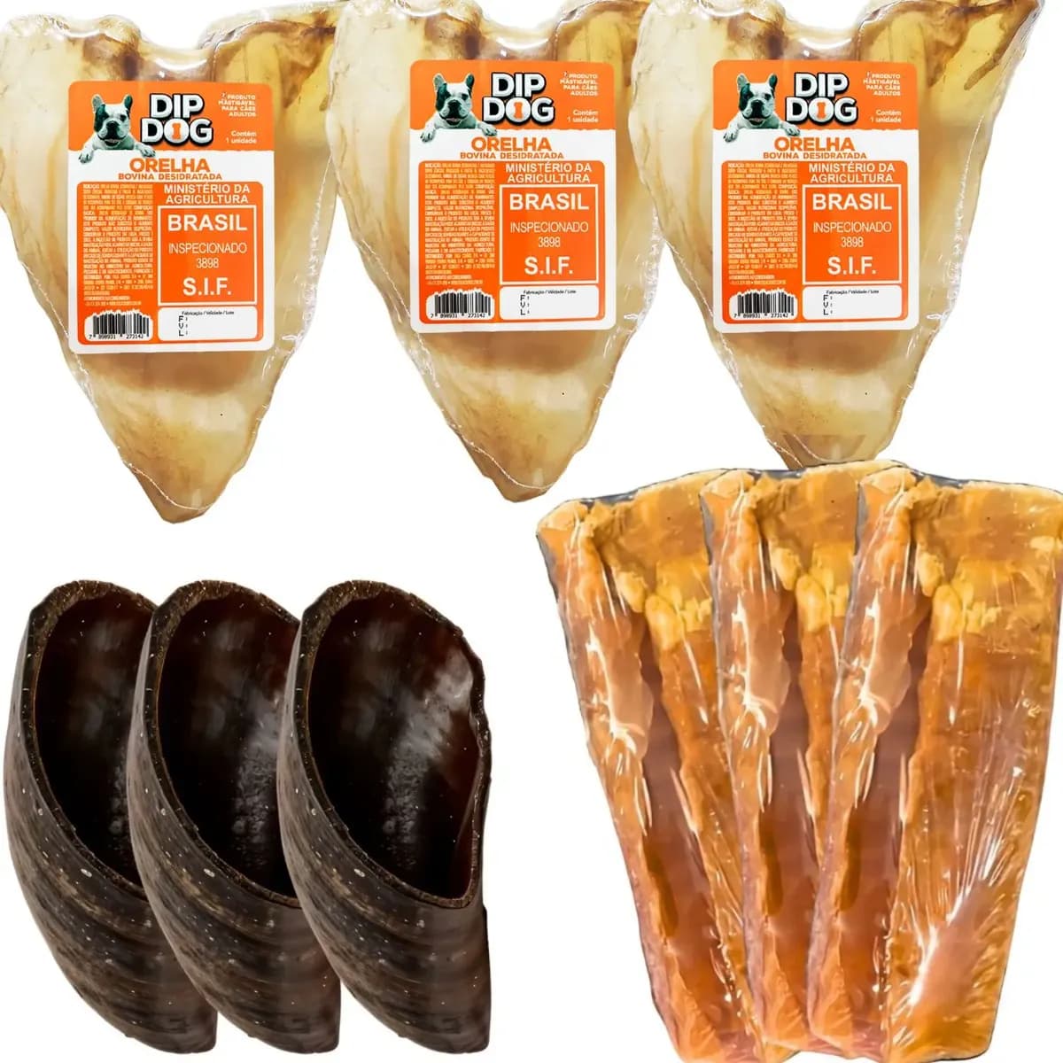 Kit 3un Orelha Bovina 3un Casco De Boi E 3un Traqueia Bovina Natural
