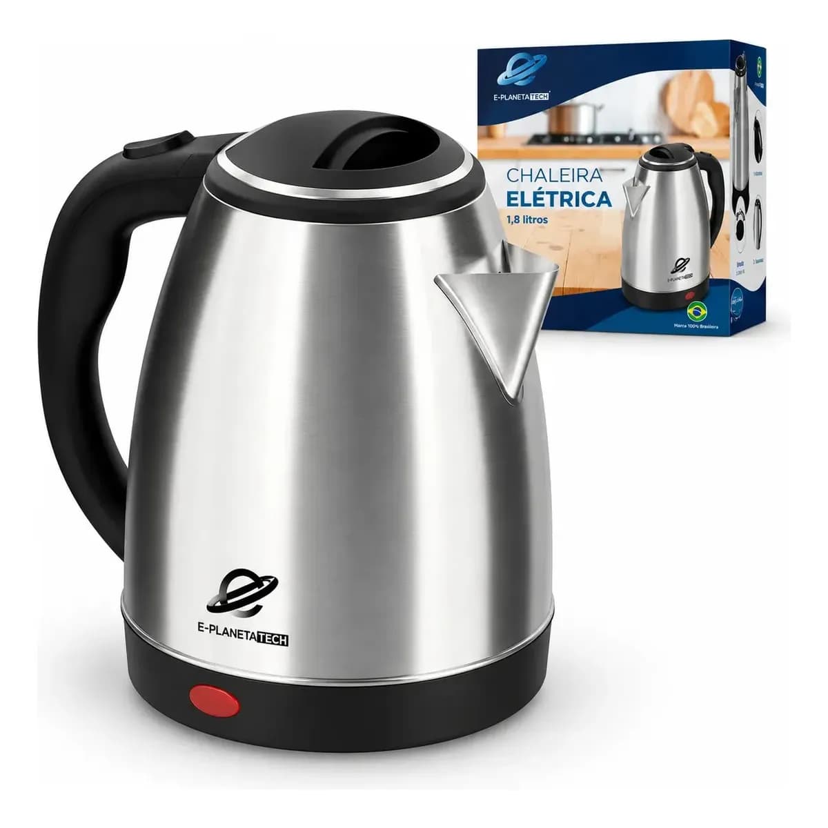 Chaleira Elétrica De Aço Inox PlanetaTech 1200w 1,8 Litros com Desligamento Automático e Base Giratória
