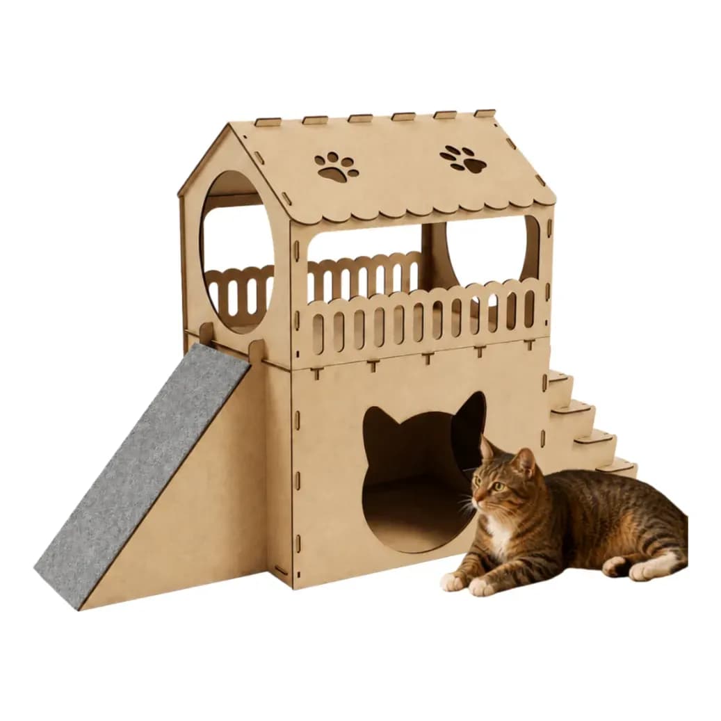 Casa De Felino Arranhador Rampa Escada Brinquedo Gatificação Bege