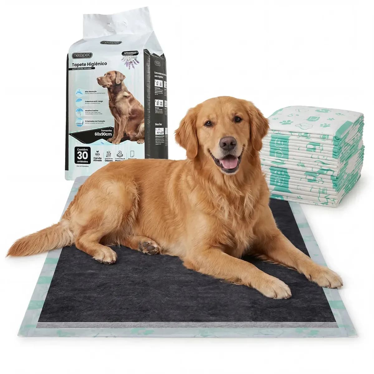 Newpet Tapete Higiênico com Carvão Ativado e Lavanda 80x60cm 30un | Neutraliza Odores | Anti Vazamento | Feromônios | Adesivo Fixador