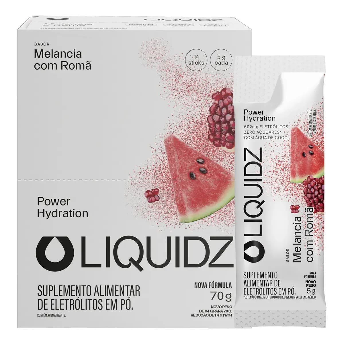LIQUIDZ® - Eletrólitos Zero Açúcares - Sabor Melancia com Romã - Kit 1 Caixa - 14 sachês
