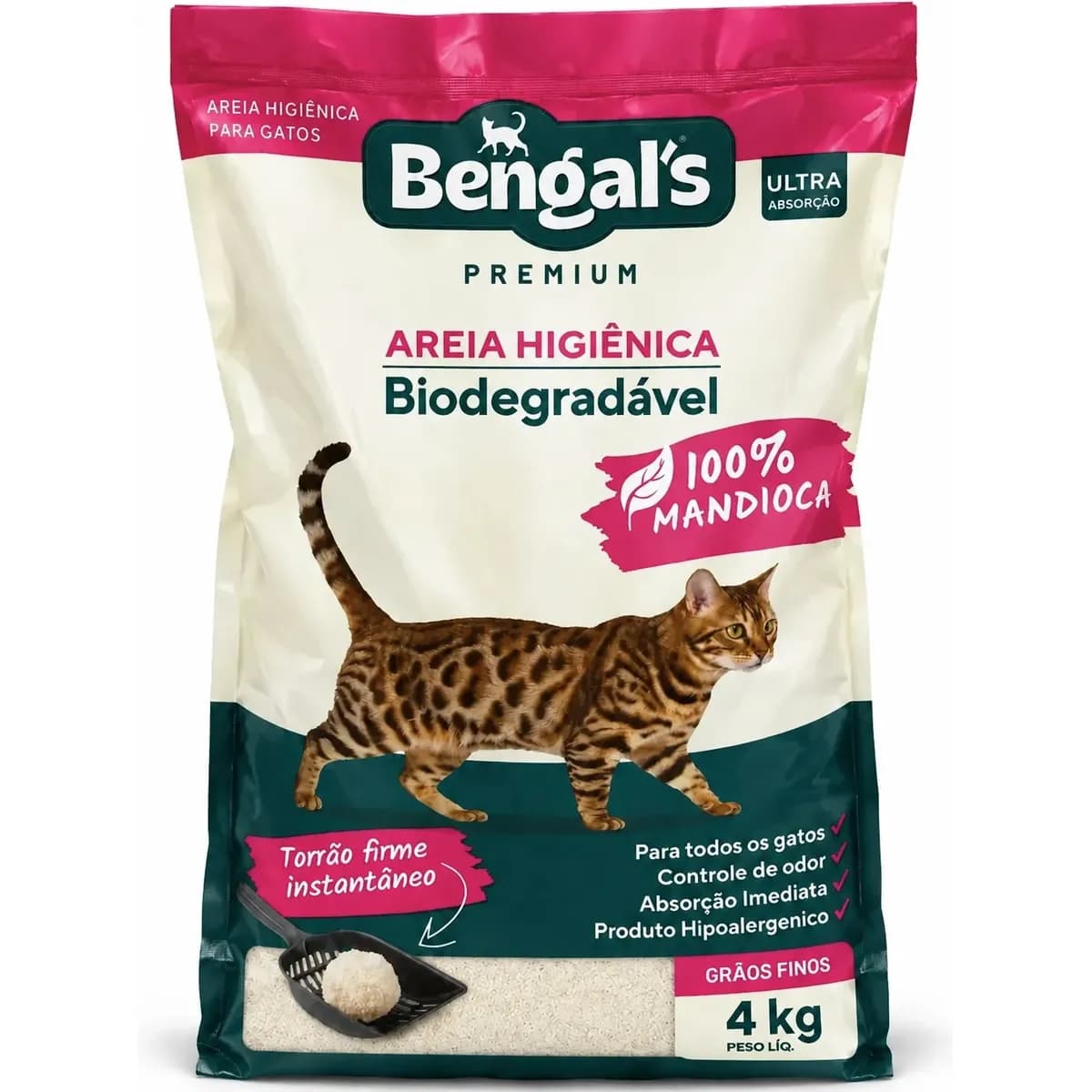 Areia Higiênica Biodegradável Gato Mandioca Fina Bengals 4kg