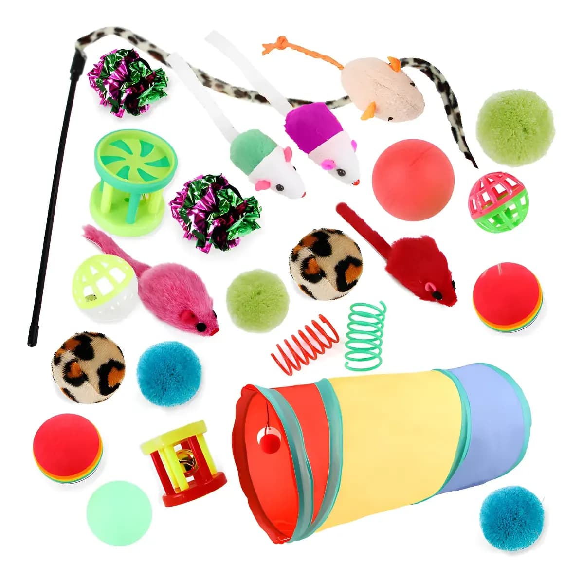 Kit Brinquedos Para Gatos Com Túnel 50cm E 24 Interativos Diversos