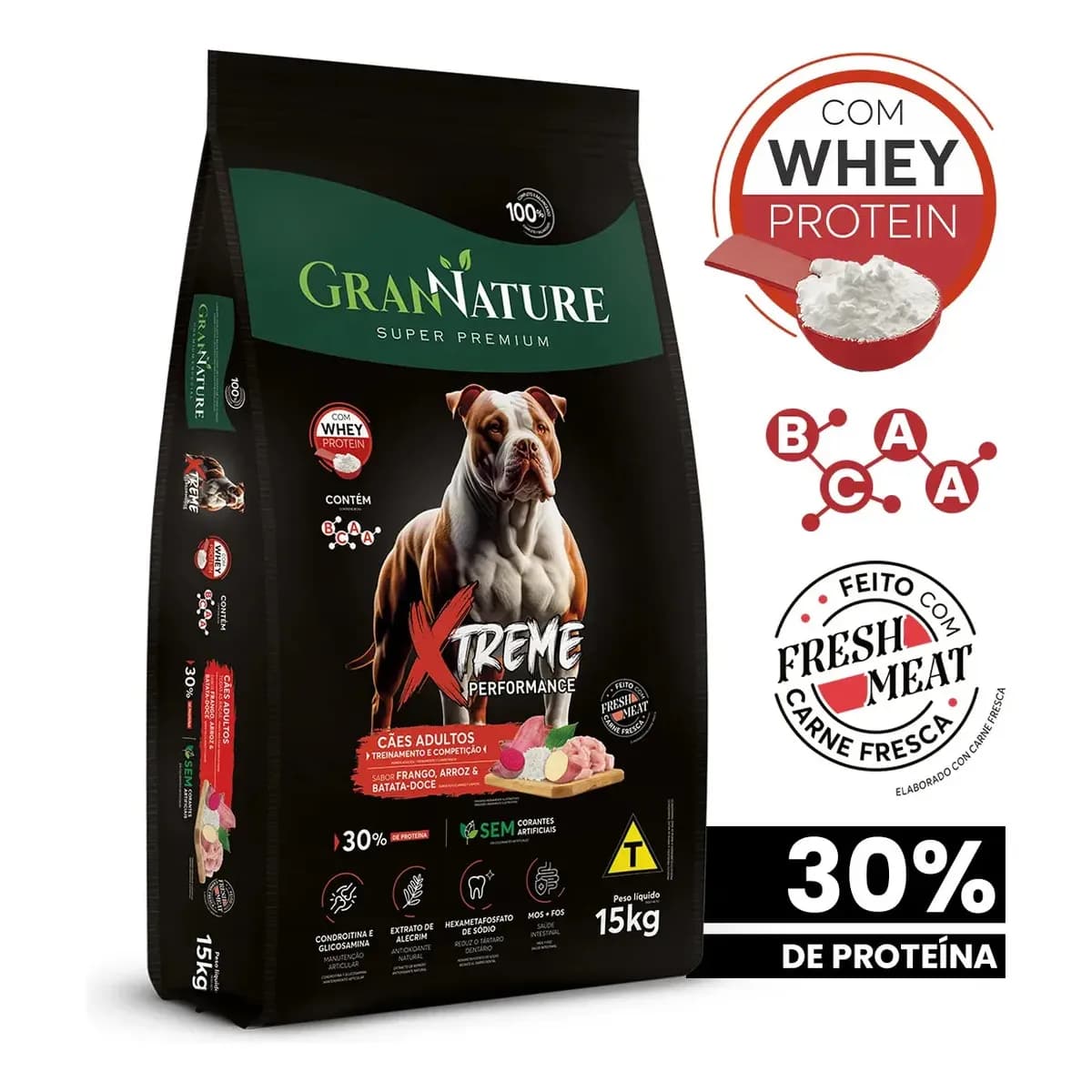 Ração Whey Protein Grannature Xtreme Alta Performance 30% Proteína para Cães Adultos raças Médio E Grande Porte - Alimento Seco Sabor Frango Super Premium Com Bcaa Sem Corantes Saúde Articular 15kg