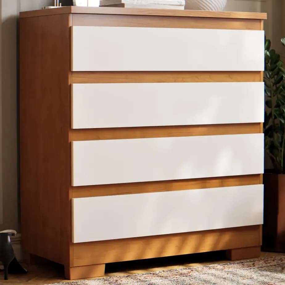 Cômoda 4 Gavetas Multiuso Para Quarto De Casal Organizadora De Roupas Com Pés Corrediças Telescópica Cor Off Nature